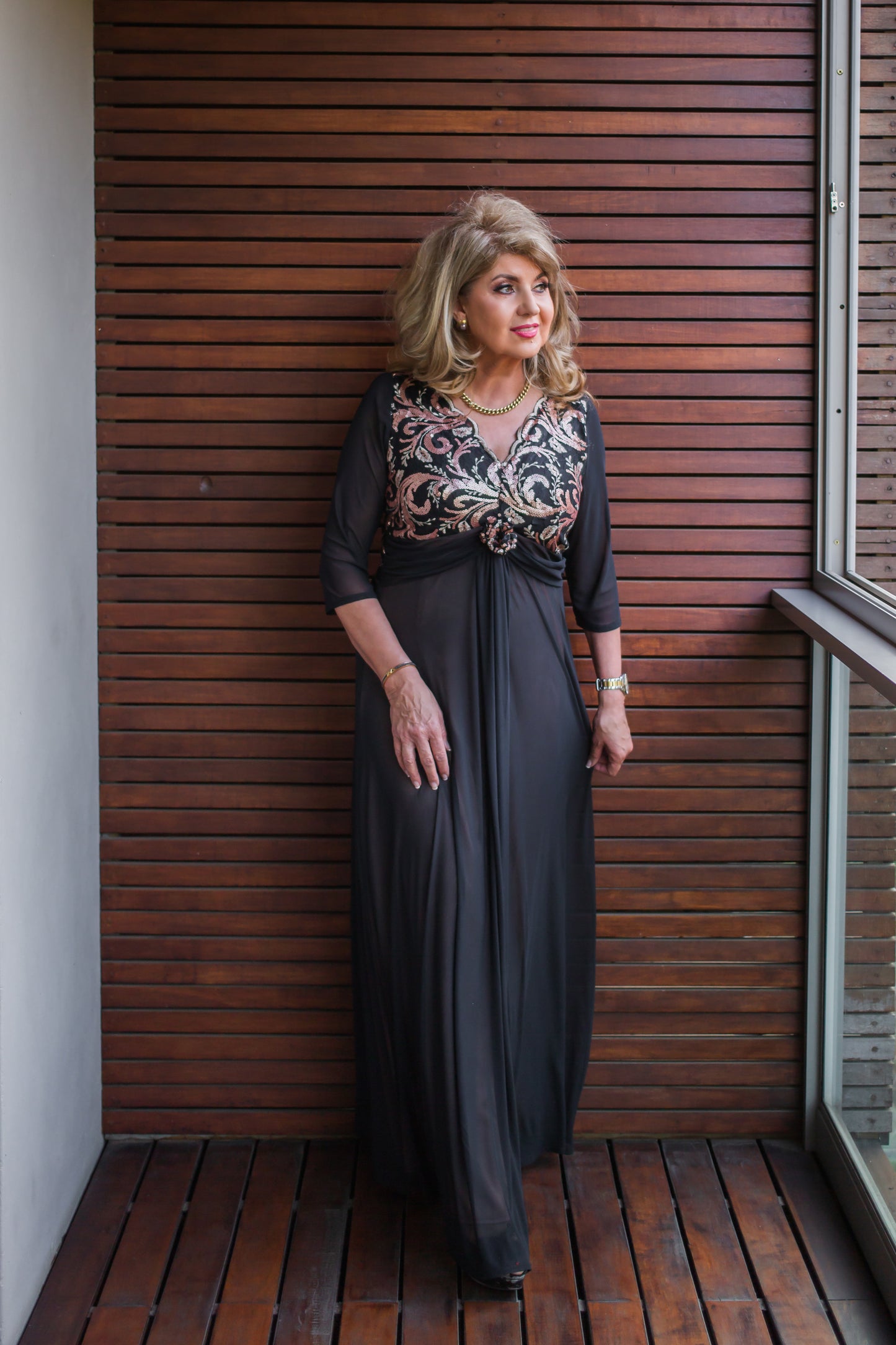 Black floor length dress with bronze & rust sequined patterns