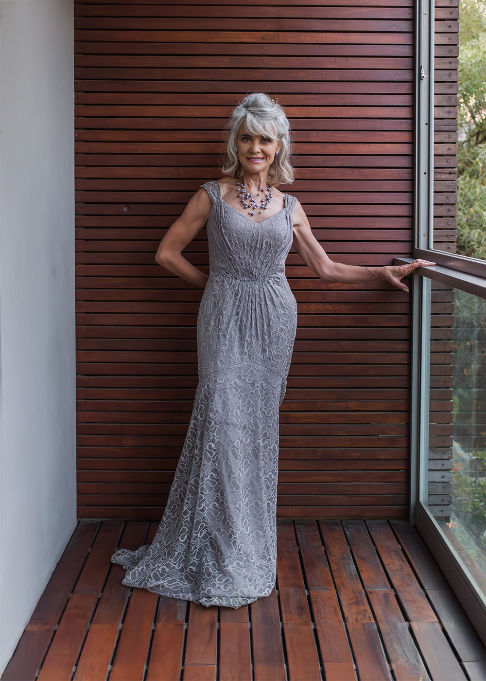 Pale grey (with soft purple undertone) floor length dress