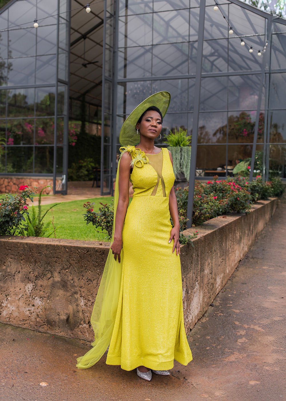 Lime fitted dress with tulle cape