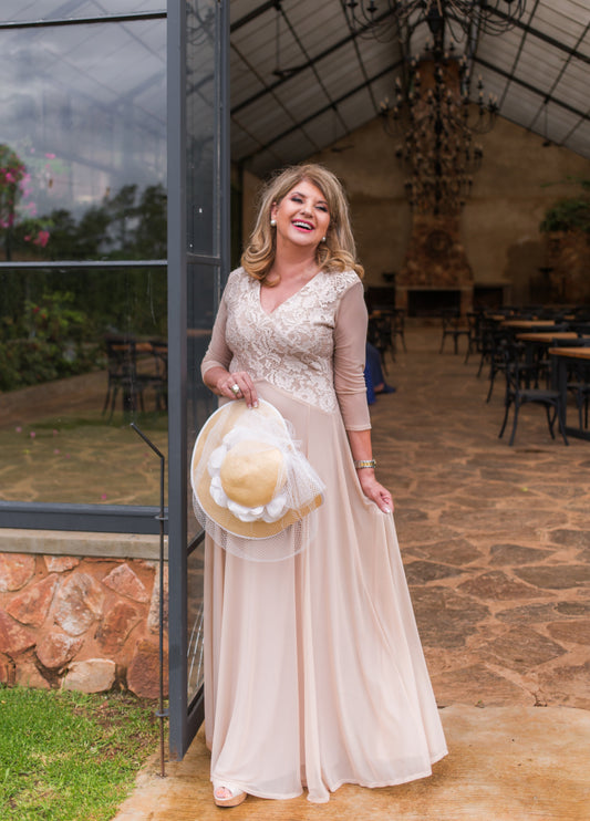 Elegant white and sand long sleeve dress