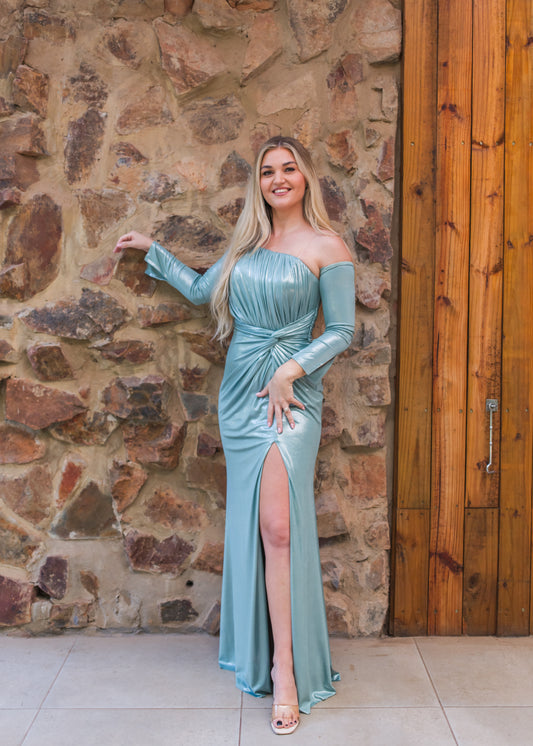 Pale turquoise fitted gown with off the shoulder long sleeves