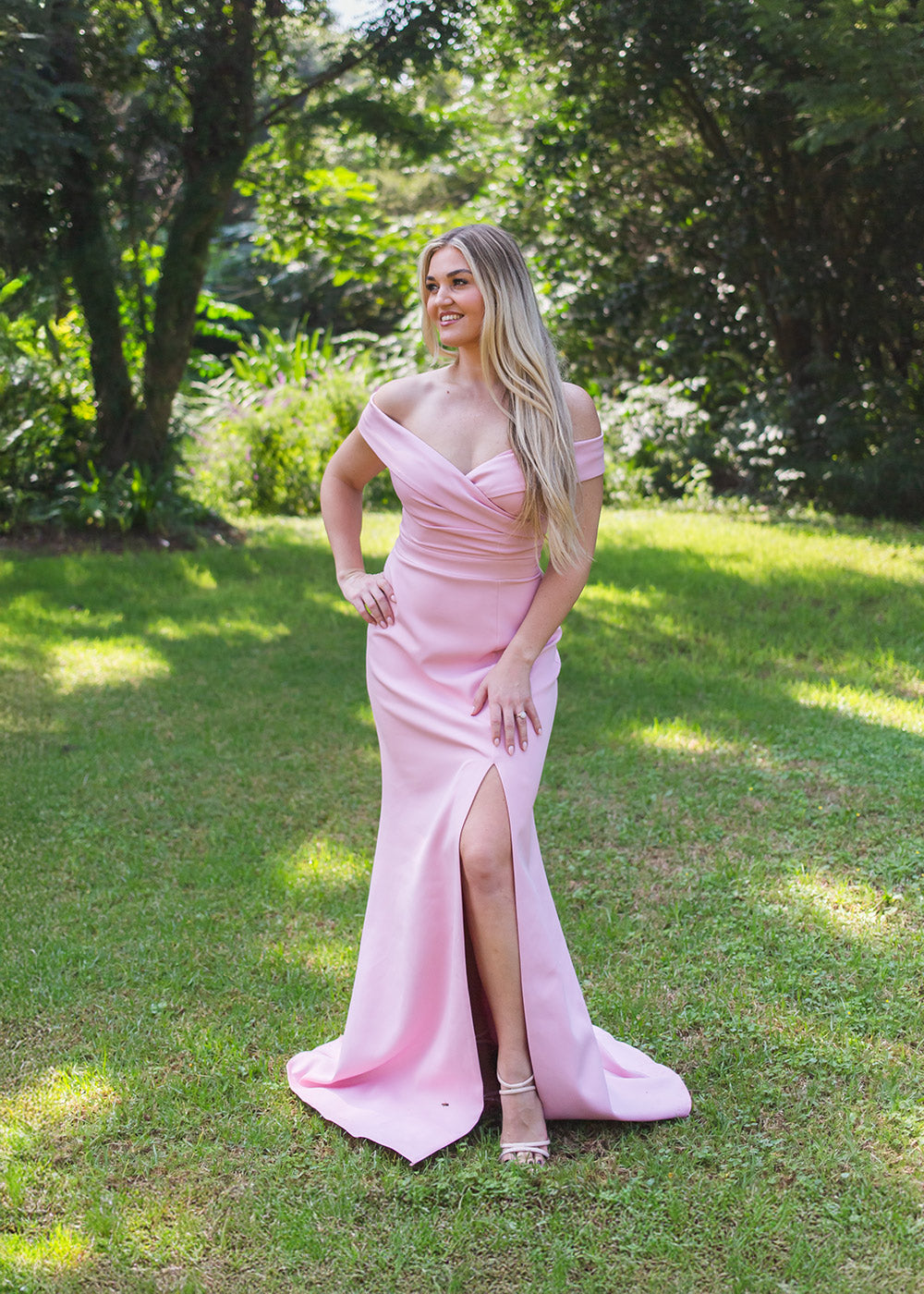 Baby pink satin gown with sweetheart neckline