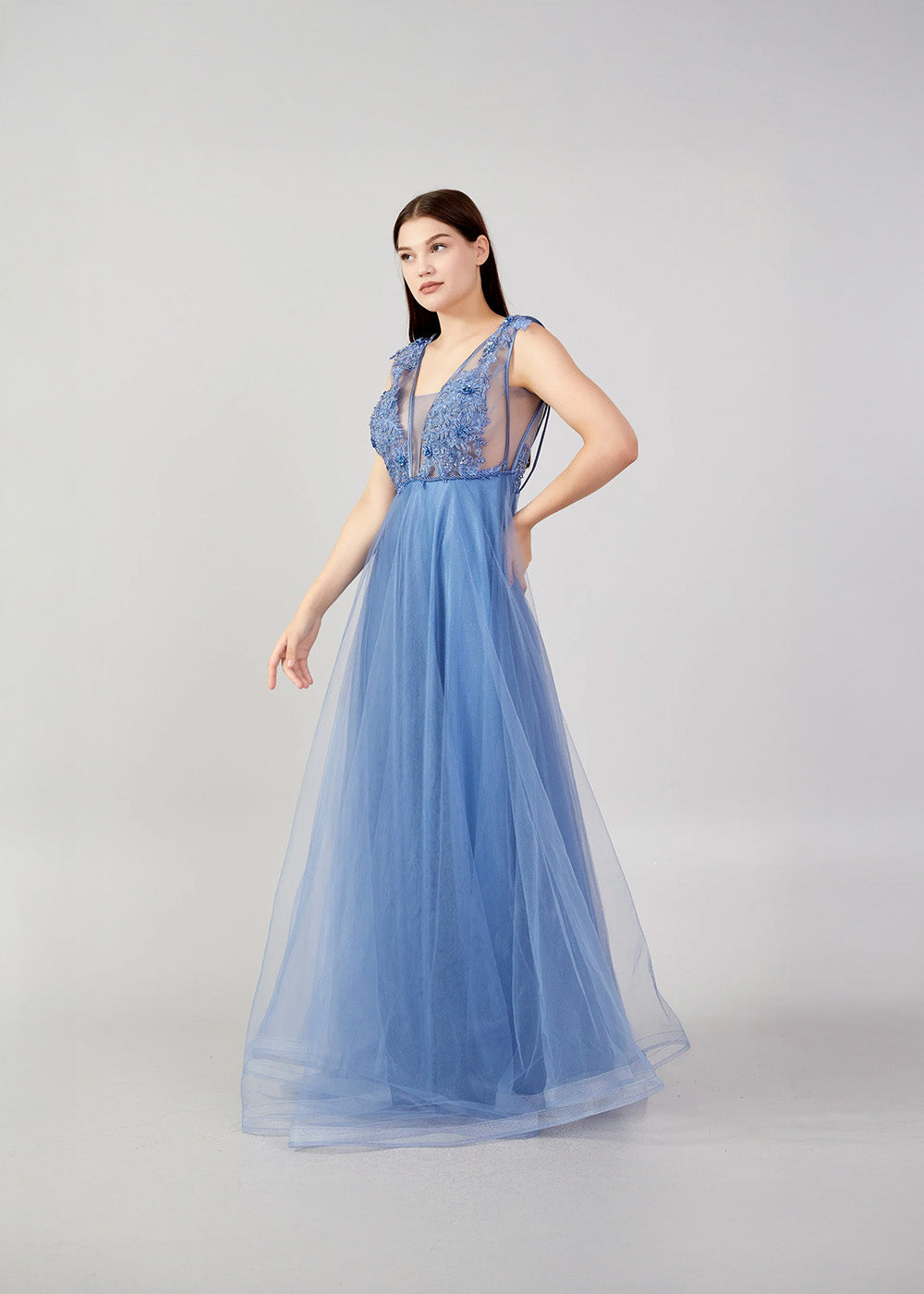 Embroidered Illusion Tulle Gown