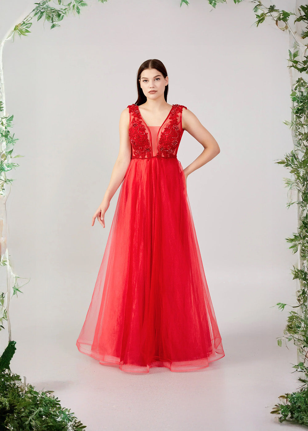Embroidered Illusion Tulle Gown
