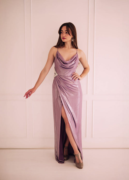 Mink Shimmer Cowl Neck Dress