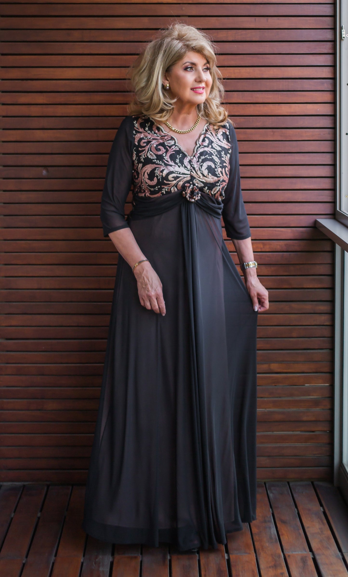 Black floor length dress with bronze & rust sequined patterns