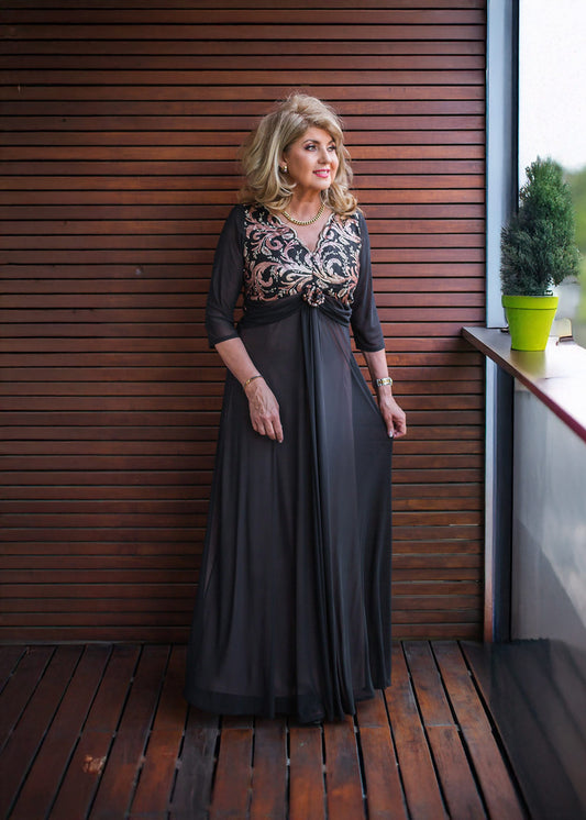 Black floor length dress with bronze & rust sequined patterns