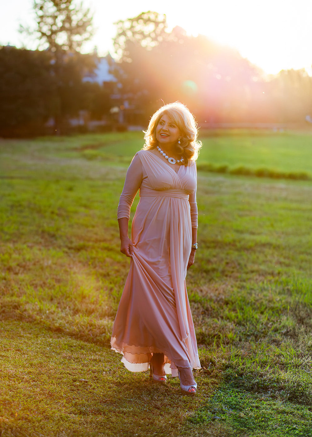 Elegant soft pink long sleeve dress