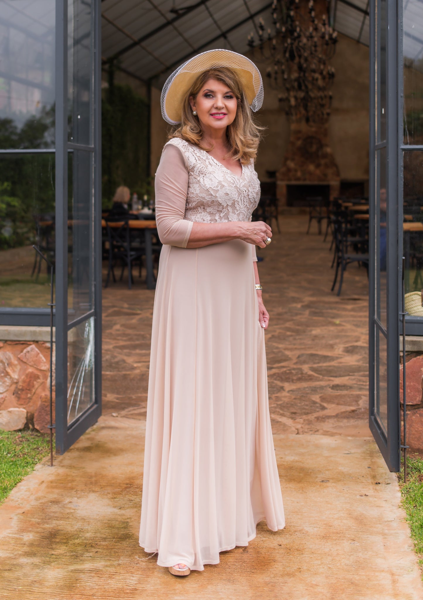 Elegant white and sand long sleeve dress