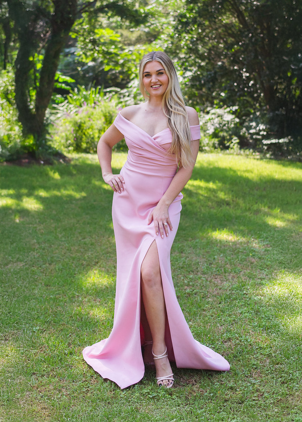 Baby pink satin gown with sweetheart neckline