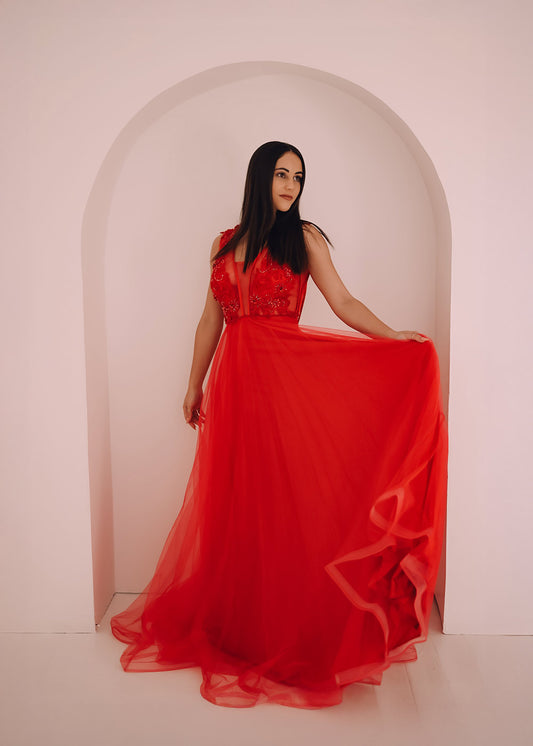 Embroidered Illusion Tulle Gown