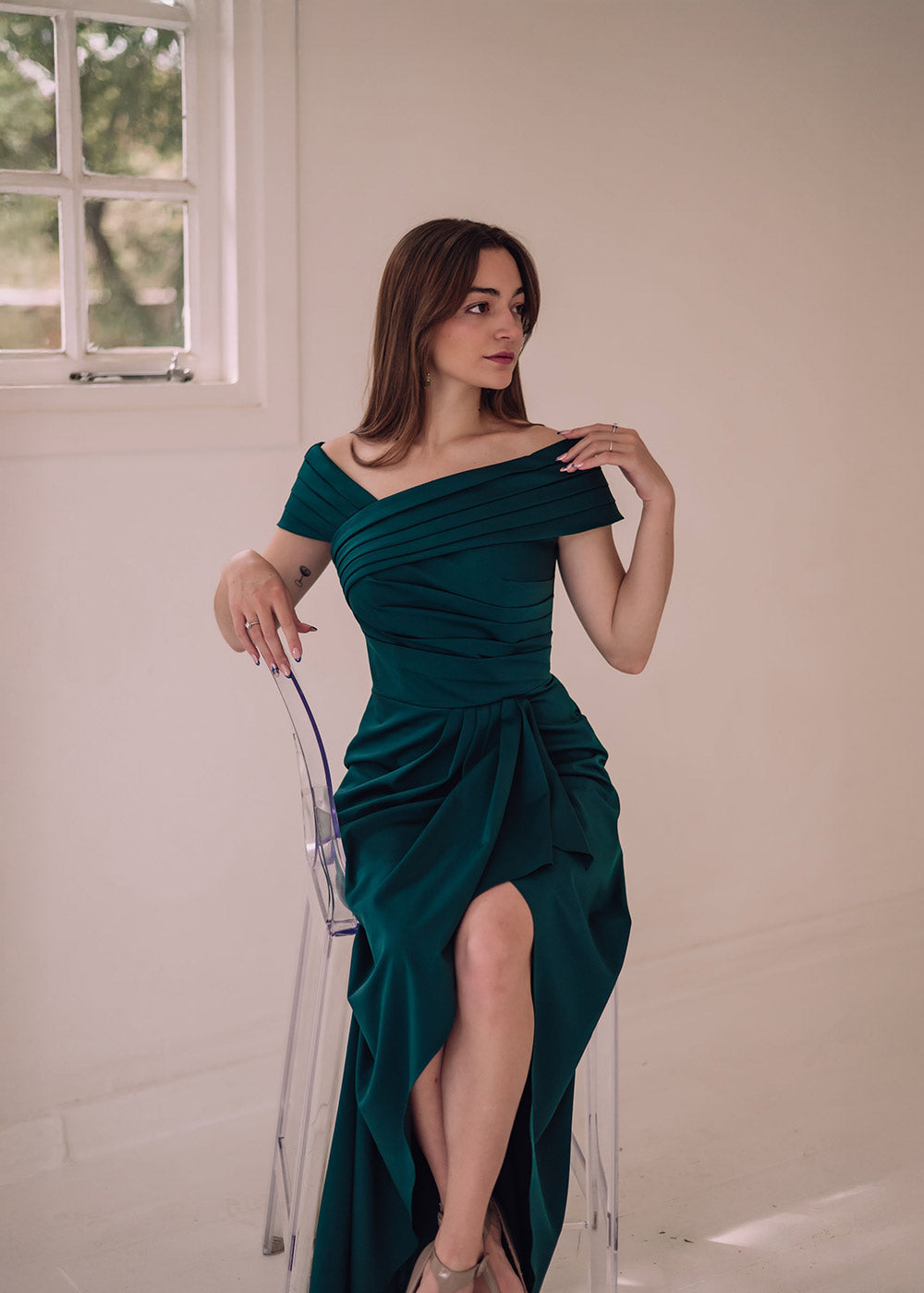 Off Shoulder Satin Empire dress