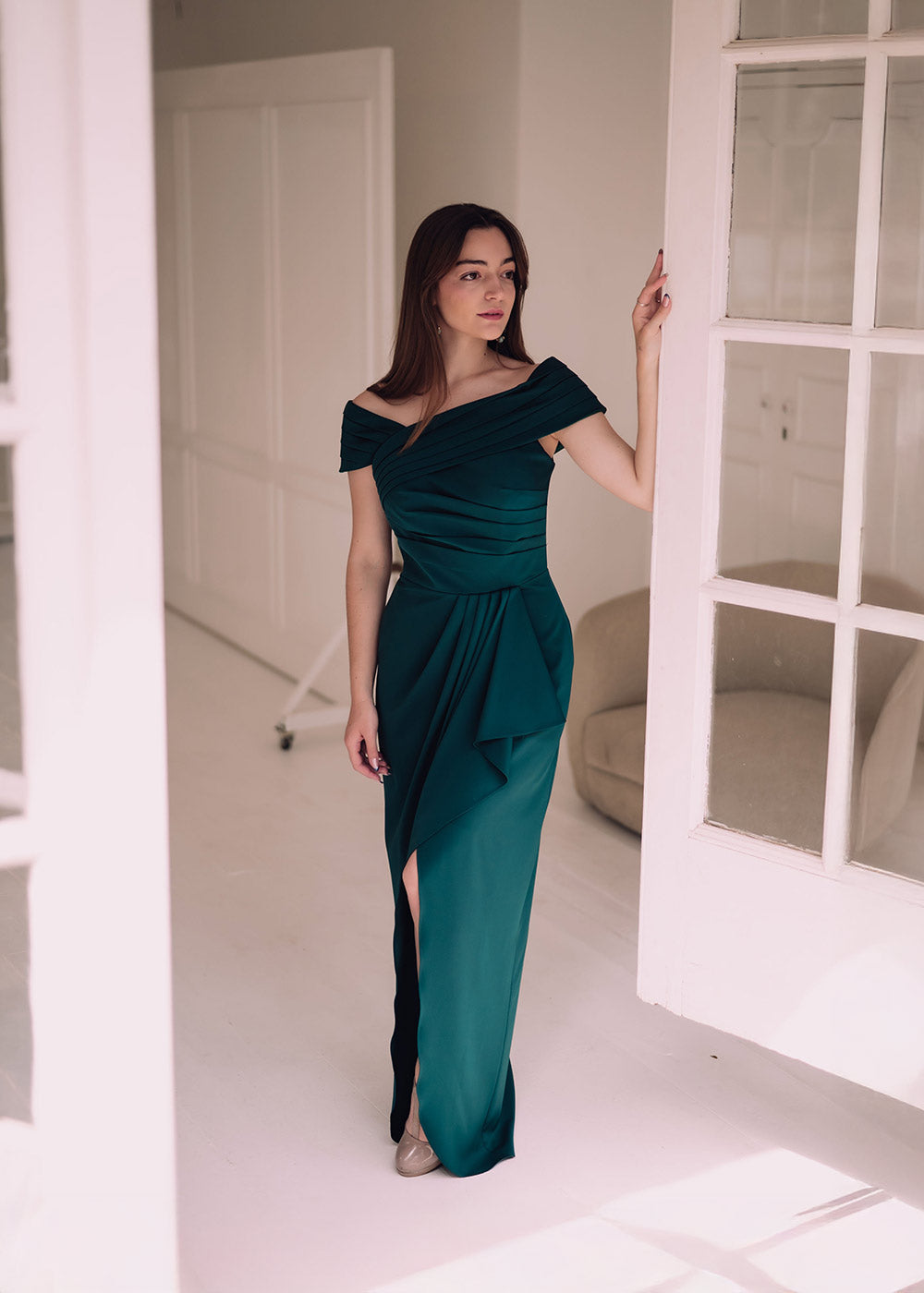 Off Shoulder Satin Empire dress