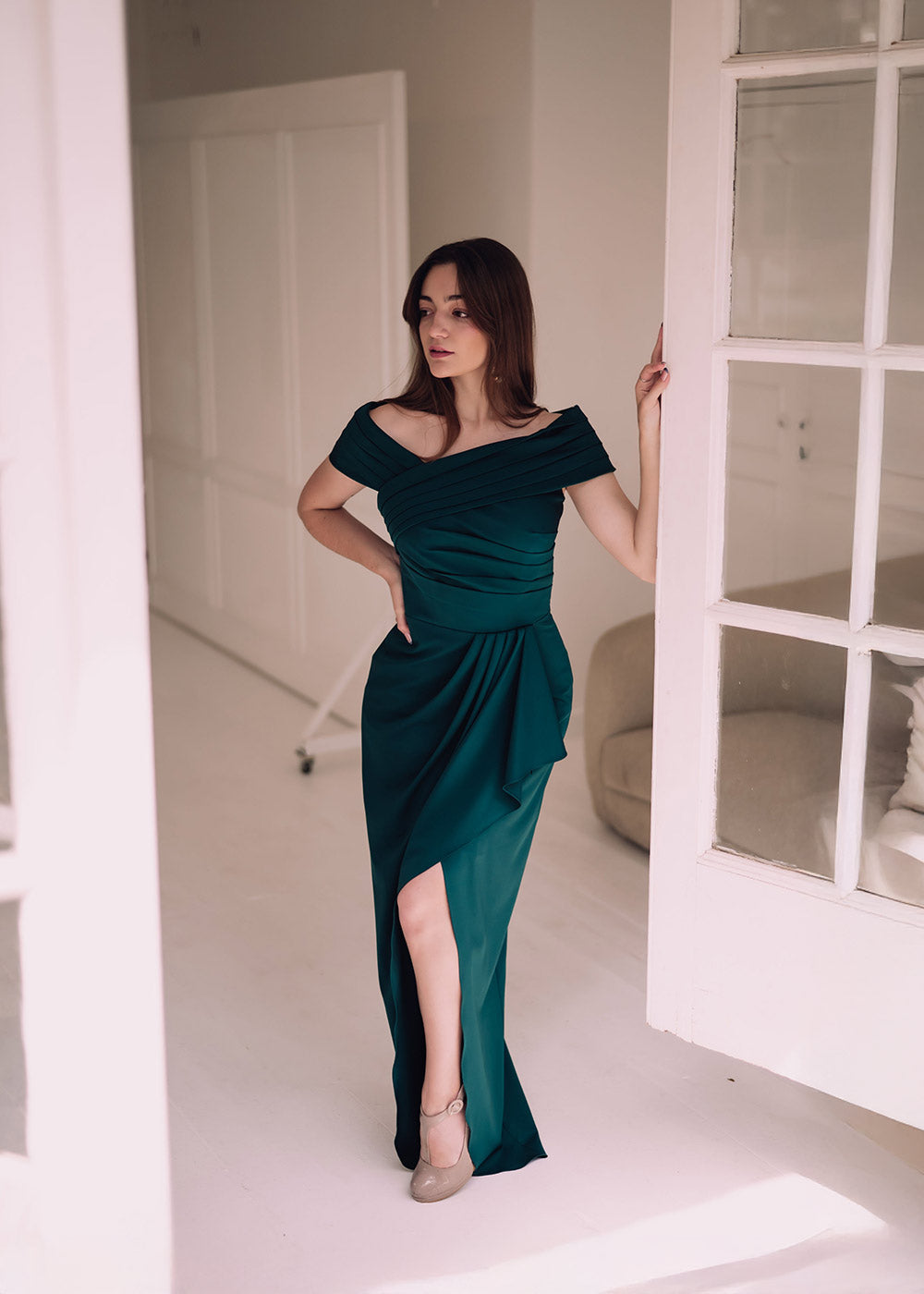 Off Shoulder Satin Empire dress