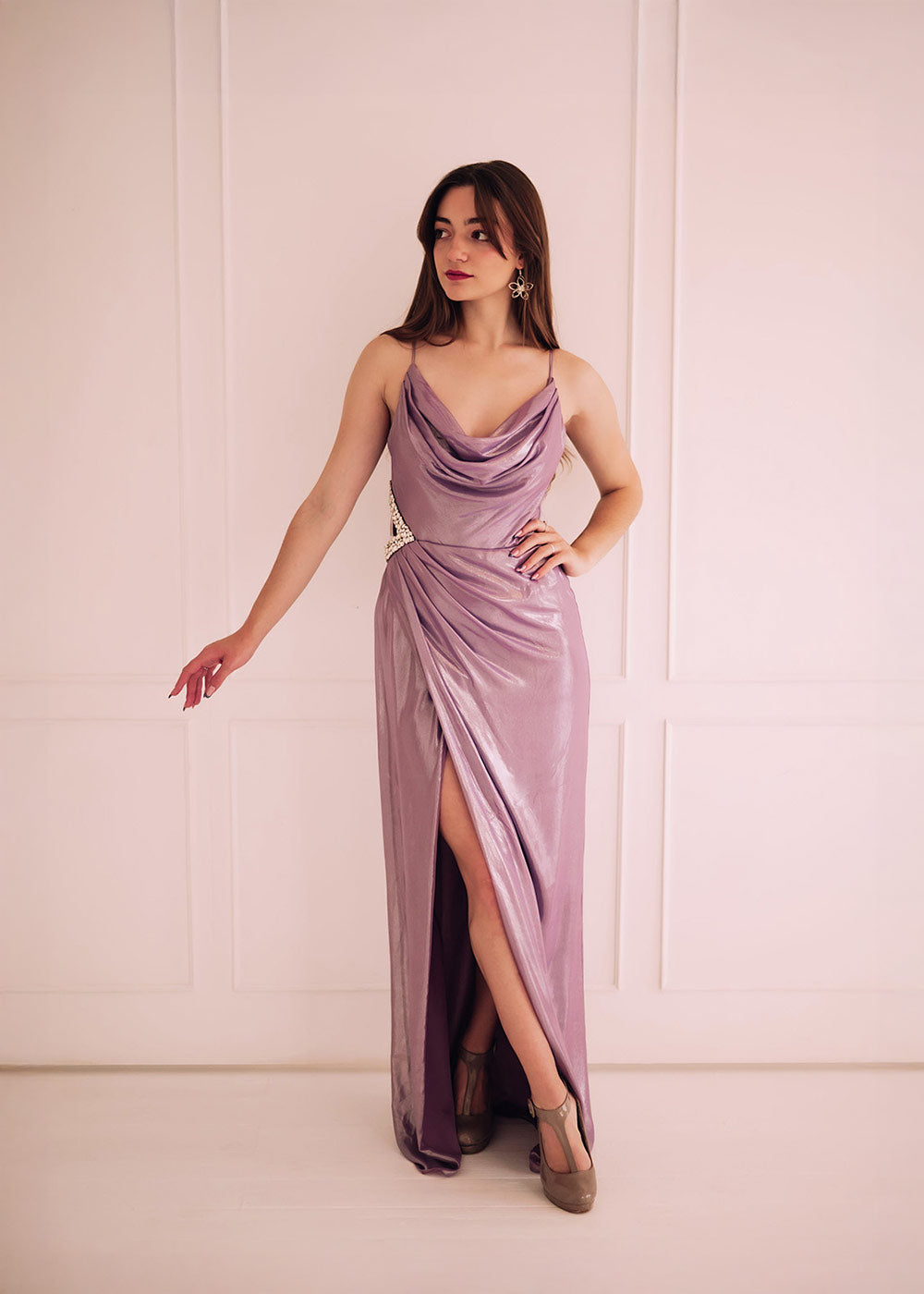 Mink Shimmer Cowl Neck Dress