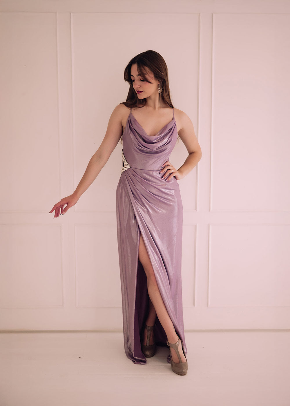 Mink Shimmer Cowl Neck Dress