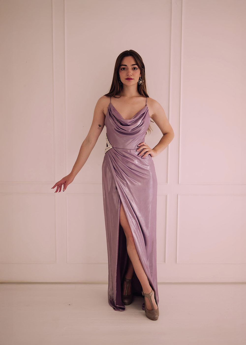 Mink Shimmer Cowl Neck Dress